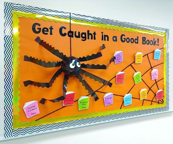 a bulletin board with sticky notes attached to it that says get caught in a good book