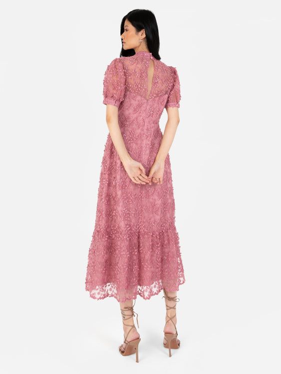 + dusty pink color+ intricate lace detailing + subtle sequins throughout+ mock neckline+ button closure at sleeves+ mid-axi length with tiered hem Lehenga Crop Top, High Neck Midi Dress, Embellished Midi Dress, Hot Pink Floral, Embellished Maxi Dress, Sequin Midi Dress, Lace Pink Dress, Black Strappy Heels, Hip Dress