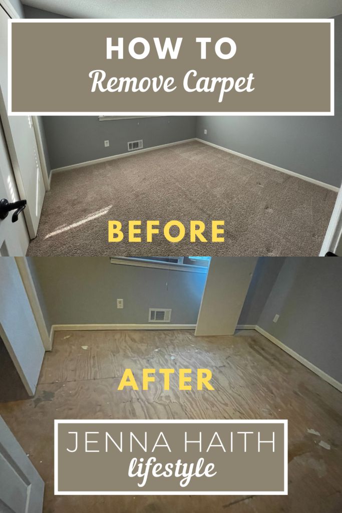 an empty room with the words how to remove carpet before and after