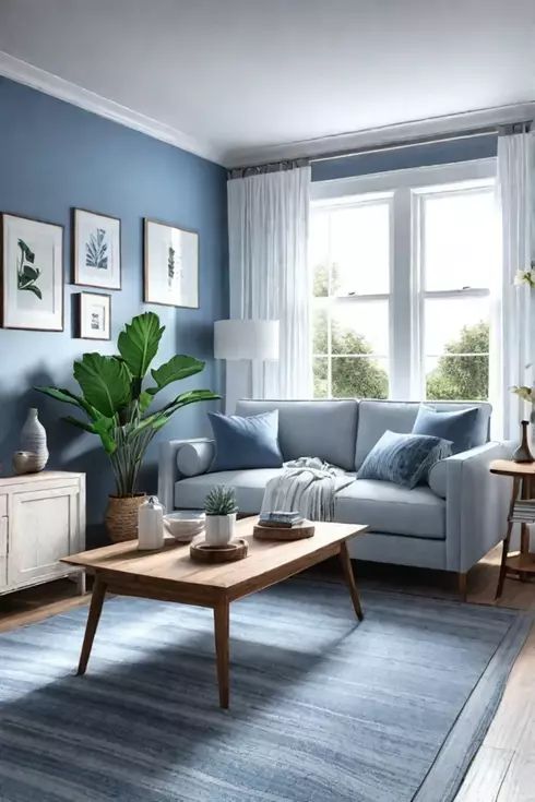 a living room with blue walls and white curtains on the window sill, coffee table, couches, and rugs