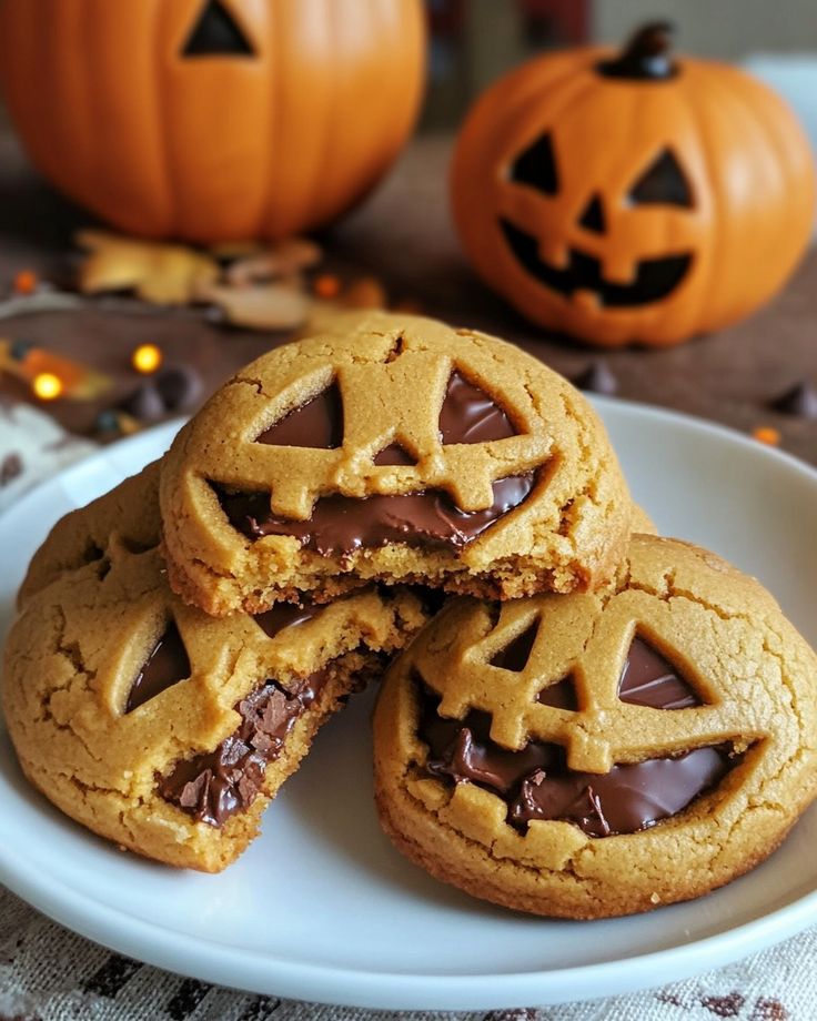 cookies with chocolate frosting cut in half on a white plate next to jack - o'- lantern pumpkins