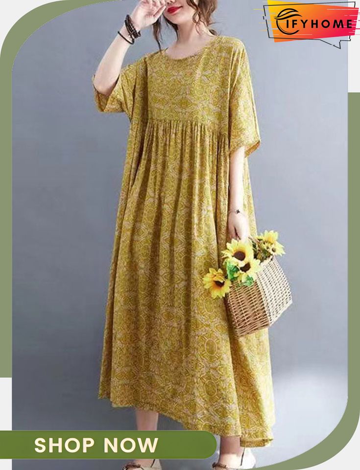 Light and Airy Dress Casual Cotton Dress, Projek Menjahit, Vacation Maxi Dress, Flower Yellow, Cotton Linen Dresses, Half Sleeve Dresses, Sleeve Women, Women Clothes, Sleeves (women)