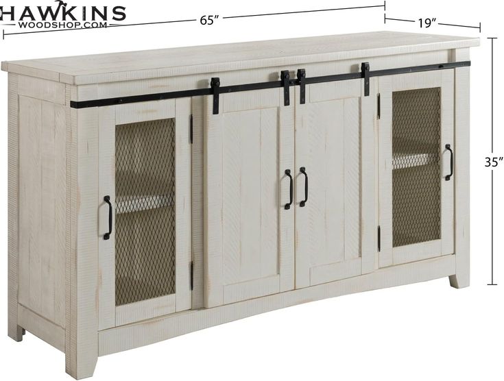 a white cabinet with glass doors and black hardware on the bottom, measurements for it