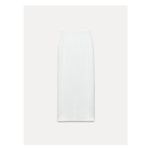 High-waisted long skirt with belt loops and elastic waistband. Back vent. High Waist Skirt With Waistband For Spring, Summer Belted Long Skirt, Elegant White High-waist Pencil Skirt, Elegant High Waist White Pencil Skirt, White Belted Skirt For Spring, Spring White Skirt With Belt, White Belted Bottoms For Summer, White Bottoms With Belt Detail For Spring, Chic Summer Skirt With Waistband