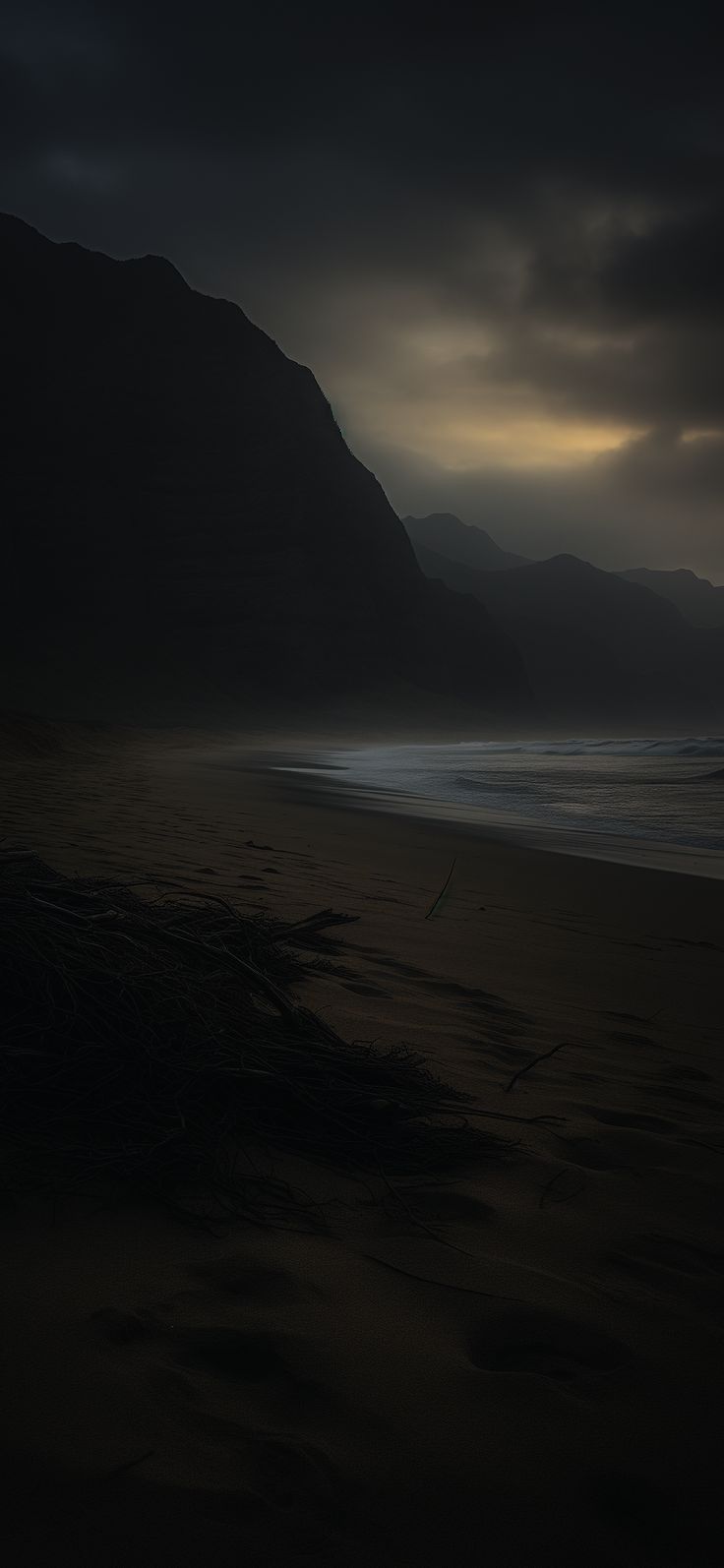 a black and white photo of a beach with mountains in the background at night time