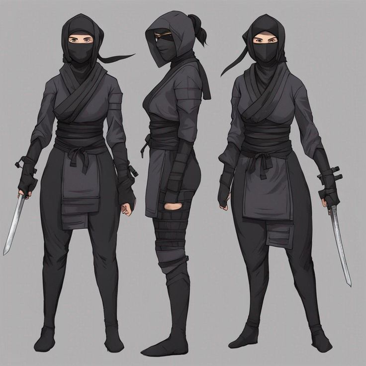 three different views of a person in ninja gear with two swords and one wearing a mask