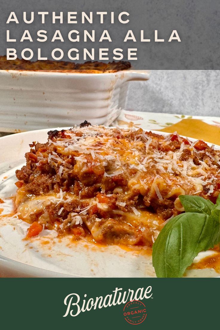 a white plate topped with lasagna alla and sauce covered in cheese next to a casserole dish