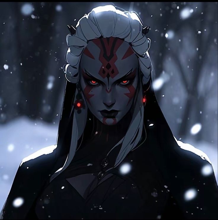 an animated character with red eyes and black hair, wearing a dark outfit in the snow