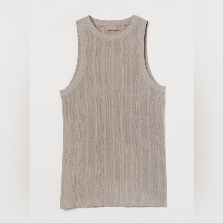 Beige Rushed Top. Lightweight And Breezy. Neutral Sleeveless Tops For Fall, Neutral Ribbed Tops For Spring, Neutral Knit Crew Neck Top, H&m Beige Tops For Spring, Fitted Neutral Ribbed Top, Casual Taupe Knit Tops, Beige Knit Sleeveless Top, Casual Knit Taupe Top, Beige Sleeveless Knit Top