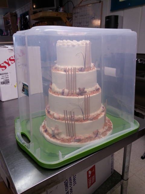 a three tiered cake in a plastic container on top of a green countertop