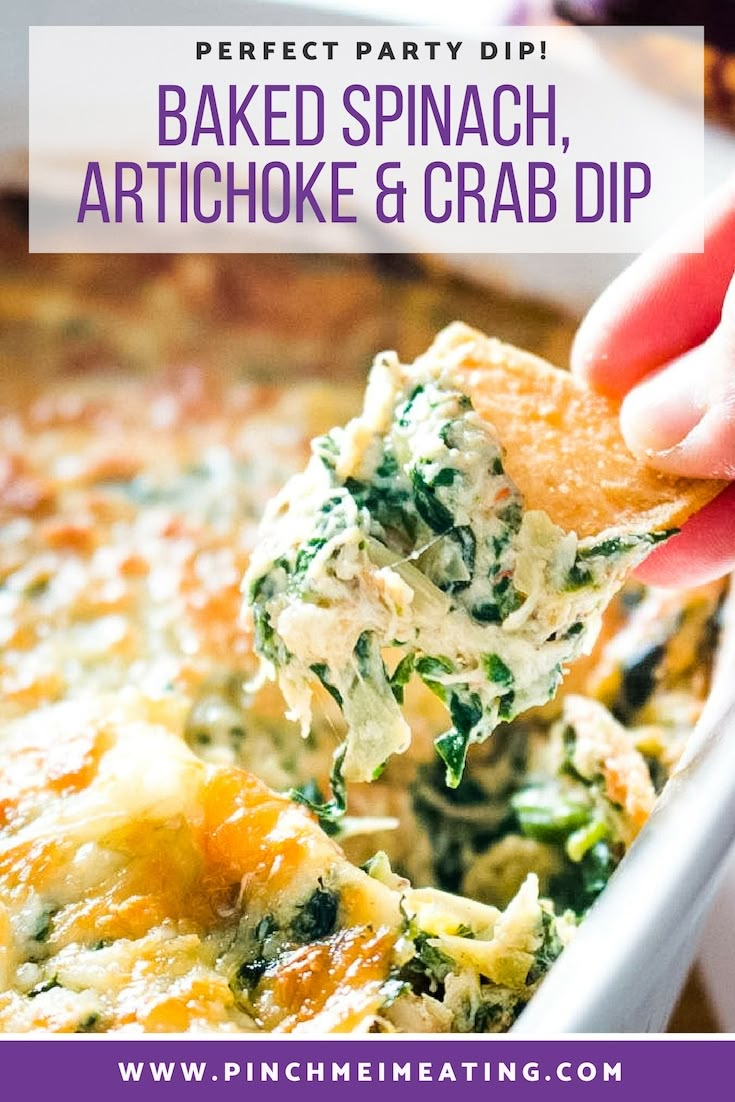 baked spinach, artichoke and crab dip with text overlay