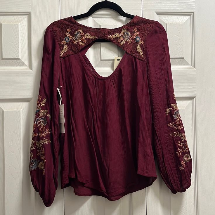 Nwt! High Neck Cut Out. Embroidered Sleeves Red Embroidered Long Sleeve Top For Fall, Burgundy Long Sleeve Top For Spring, Spring Burgundy Long Sleeve Tops, Fall V-neck Top With Embroidered Neckline, Long Sleeve Top With Embroidered Neckline For Fall, Long Sleeve Tops With Embroidered Neckline For Fall, Fall Long Sleeve Top With Embroidered Neckline, Fitted V-neck Tops With Embroidered Neckline, Fall Tops With Embroidered Neckline And Long Sleeves