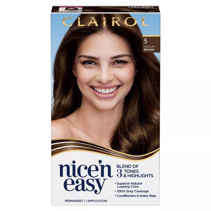 Highlights Permanent color crème for brilliant, natural-looking color with a blend of tones and highlights Allergy gentle - significantly reduces the chance of developing an allergy* (*in people without hair dye allergy) Non-drip formula with conditioners built into every step for soft, shiny hair New fresh, floral scent 100% gray coverage Description If you want to enhance the color of your hair and make sure that it stays perfectly true to you, Clairol Nice'n Easy permanent color crème gives you the nicest and easiest way to refresh your look from the comfort of your home. Our breakthrough Color Care permanent crème has conditioners built into every step. It gives you 100% gray coverage with real natural looking tones & highlights while being kind to your hair. What's better? It's nice'n Medium Brown Hair Dye, Hair Dye Allergy, Medium Brown Hair Color, Medium Brown Hair, Brown Hair Dye, At Home Hair Color, Hair Color Cream, Dyed Natural Hair, Hair Color Shades