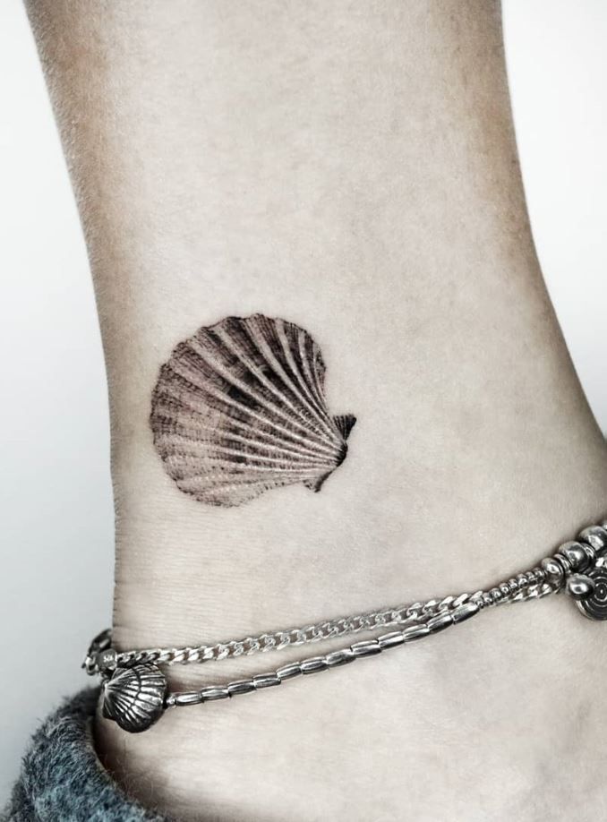 a black and white photo of a sea shell on the ankle