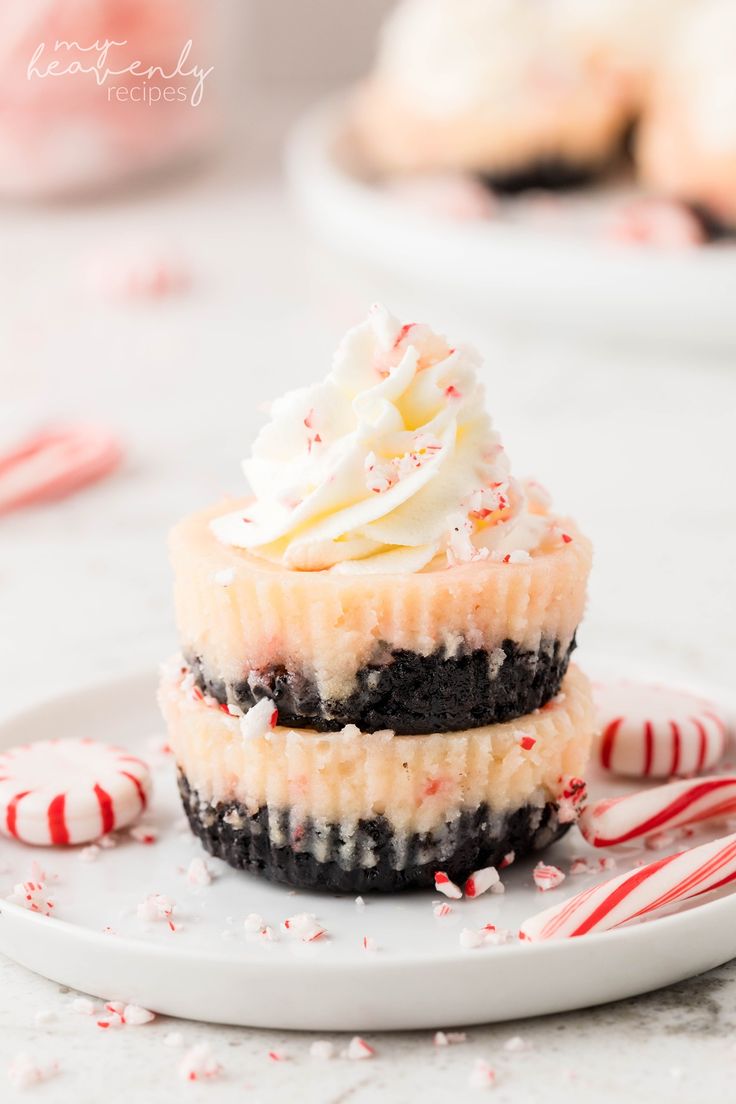 two cupcakes on a plate with candy canes