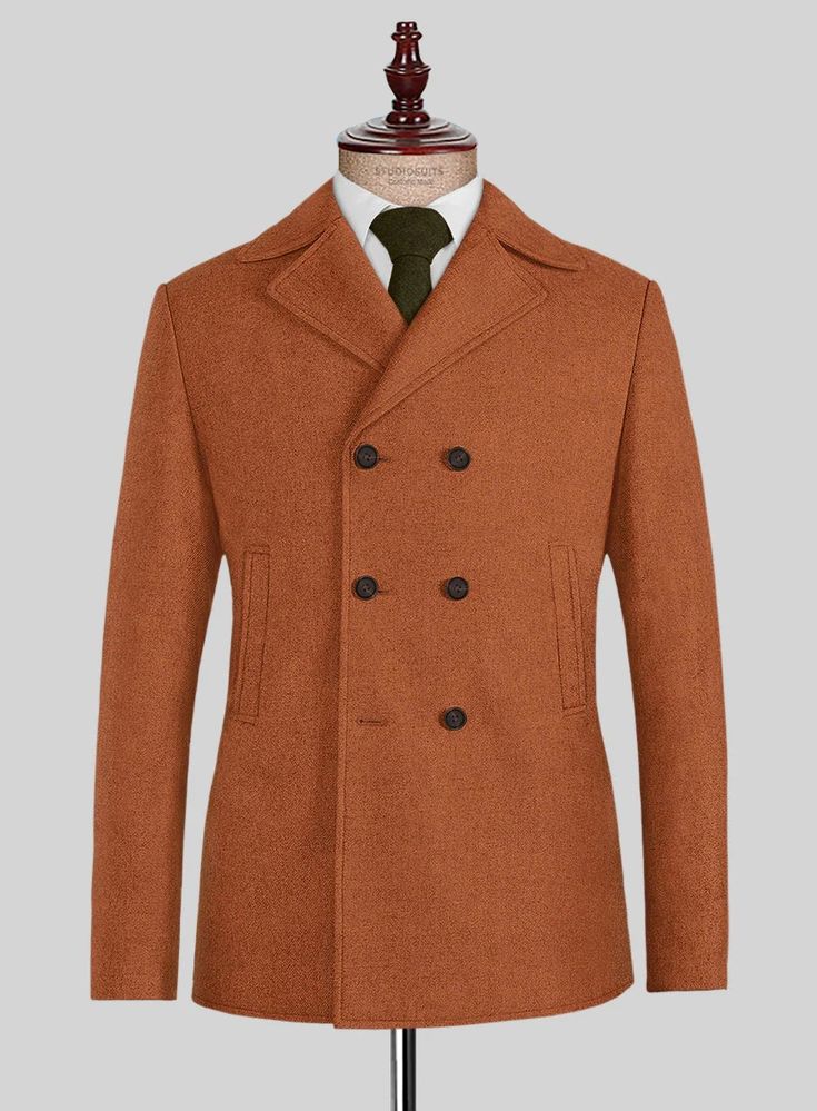 Edged up the promising elegance with the addition of our Naples Maitai Orange Tweed Pea Coat, which is sure to impress the luxury veterans. In addition, our pea coat is designed with pure wool fabric, which takes the cue from cultivated charm while keeping a dense, plush and comfy smoothness meantime a solid finish over a delectable orange shade. #studiosuits #menwithstyle #peacoat #tweed #tweedpeacoat #mensfashion #naples #winter #winterfashion #bespoke #tailoringservice Brown Tweed Suit, Green Chino Pants, Coffee Brown Color, Grey Wool Suit, Simplistic Style, Green Chinos, Vintage Aesthetics, Brown Tweed, Bespoke Suit