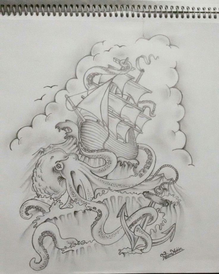 an octopus and ship are depicted in this drawing