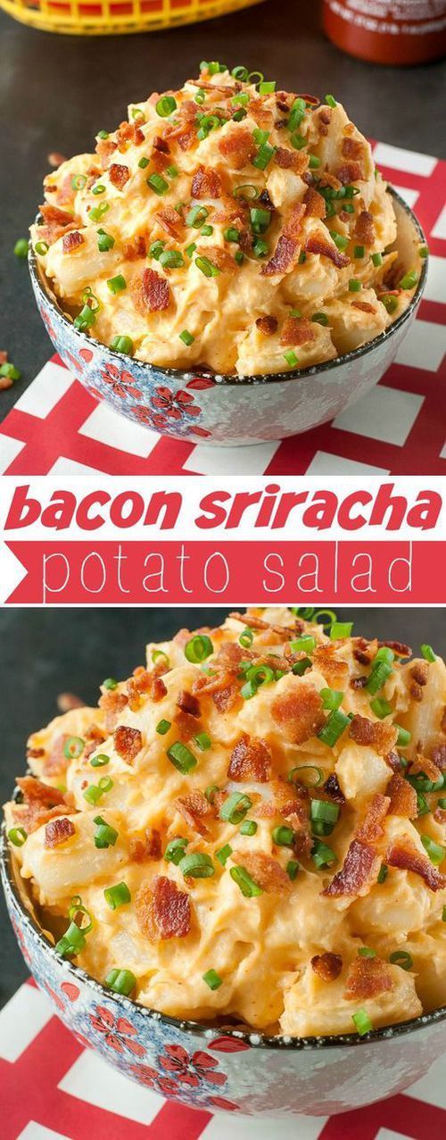 bacon sriraca potato salad with green onions and cheese in a bowl on a red and white checkered tablecloth