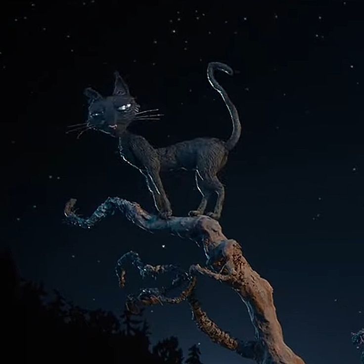 a black cat standing on top of a tree branch in the night sky with stars