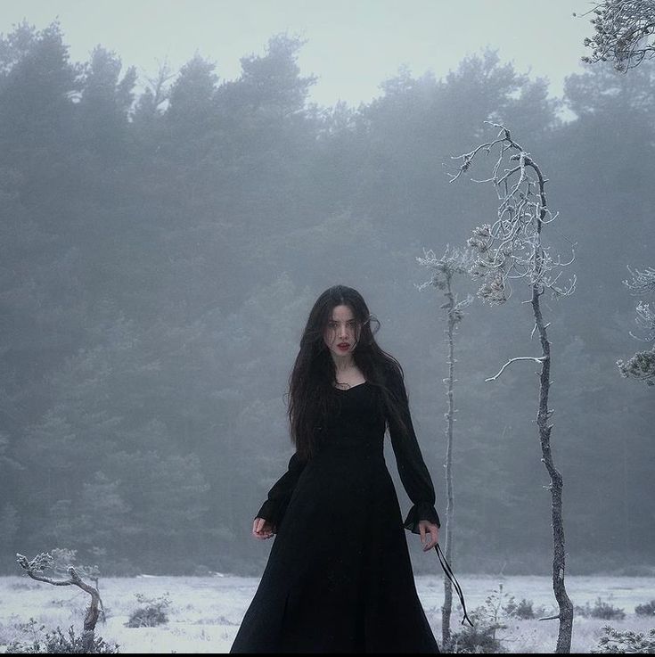 a woman in a black dress standing next to a tree with snow on the ground