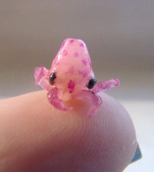 a tiny pink octopus ring sitting on top of a finger