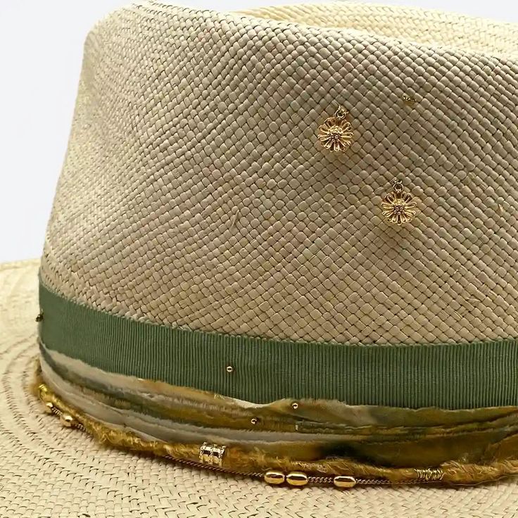 A natural and sage straw Fedora hat, what a perfect combination! Add some gold charms and silk details to the mix and you will end with the perfect hat for a perfect summer day. Hand-dyed silk and cotton ribbons Silk thread with 18k gold plated tube beads & square wire ring 24k gold plated Daisy charms 18k gold plated tiny Rose charm 24k gold plated crimp beads 18k gold filled cable chain with oval bead Tiny smoke topaz Swarovski chatons 14k gold plated flower rondelle beads 18k gold plated holl Fedora Hat Summer, Perfect Summer Day, Straw Fedora Hat, Daisy Charm, Straw Fedora, Crimp Beads, Wire Ring, Hat Summer, Gold Charms