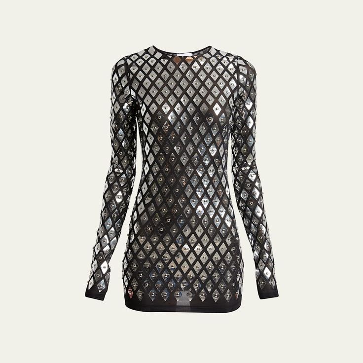 Rabanne dress embellished in metallic diamond studs Round neckline Long sleeves Body-conscious silhouette Mini length Slipover style Nylon/polyamide/elastane Made in Portugal Body Conscious, Long Sleeve Mini, Long Sleeve Mini Dress, Bergdorf Goodman, Bodycon Mini Dress, Diamond Studs, Round Neckline, Tops Designs, Portugal