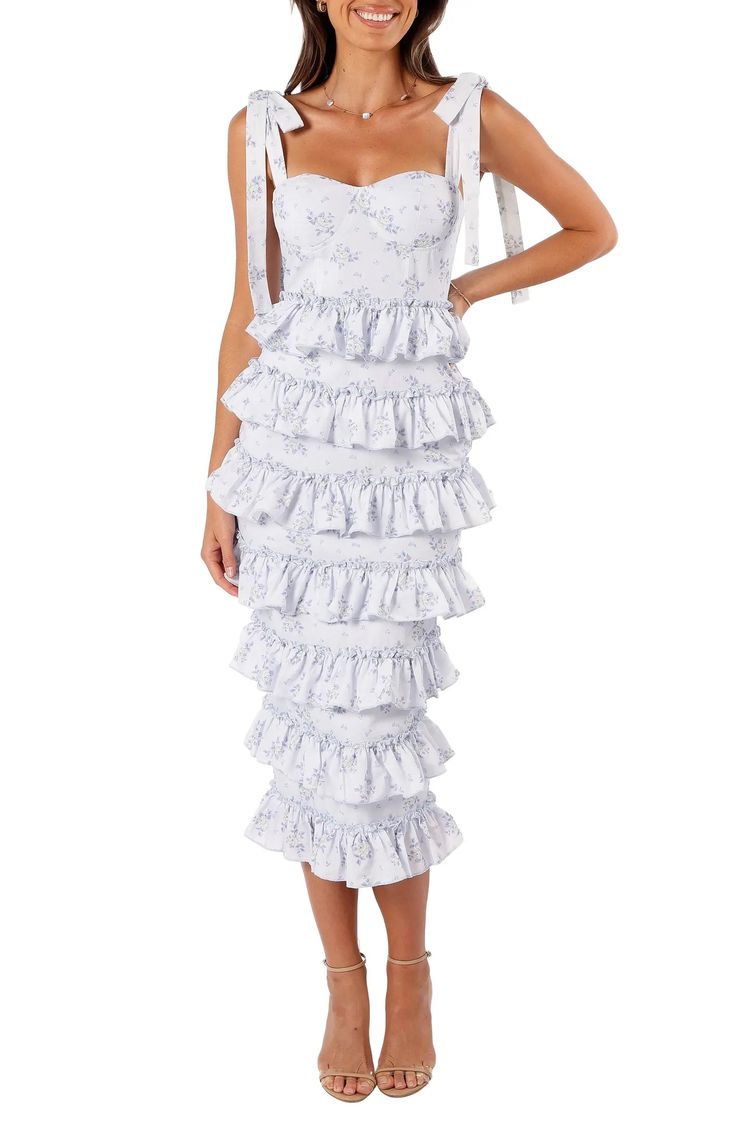 Petal & Pup Marina Floral Tiered Ruffle Midi Dress | Nordstrom Designer Midi Dresses, Ruffle Midi Dress, Italian Wedding, Sweetheart Neck, Nordstrom Dresses, Blue Floral, Bow Tie, Designer Dresses, Hand Wash