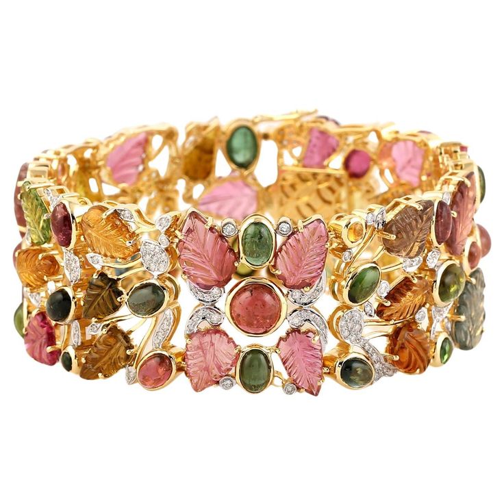 18KT:46.356g,D:1.74ct, Tour:55.73ct, Modern Bracelets, Tourmaline Bracelet, Bangles Jewelry Designs, Ruby Sapphire, Women's Jewelry And Accessories, Diamond Bangle, Recycled Gold, Bracelet Handmade, Bangles Jewelry