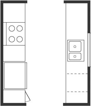 the floor plan for a small kitchen with an oven, sink and refrigerator freezer