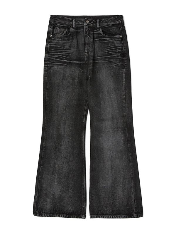 This is a comfortable and casual denim pants that is made out of sturdy cotton 100% denim fabric. With a trendy and young design with minimal details and wide flare silhouette and unique vintage tone achieved through coating process, it gives a comfortable and casual look. - Coating washed detail- Baggy flare silhouette- Logo leather patch on the back waistband Flared Baggy Jeans, Distressed Flare Cotton Jeans, Distressed Cotton Flare Jeans, Washed Black Cotton Flare Jeans, Streetwear Flare Jeans, Washed Black Denim Flare Jeans With Five Pockets, Flared Jeans With Five Pockets For Streetwear, Urban Style High Rise Washed Flare Jeans, Urban High Rise Washed Flare Jeans