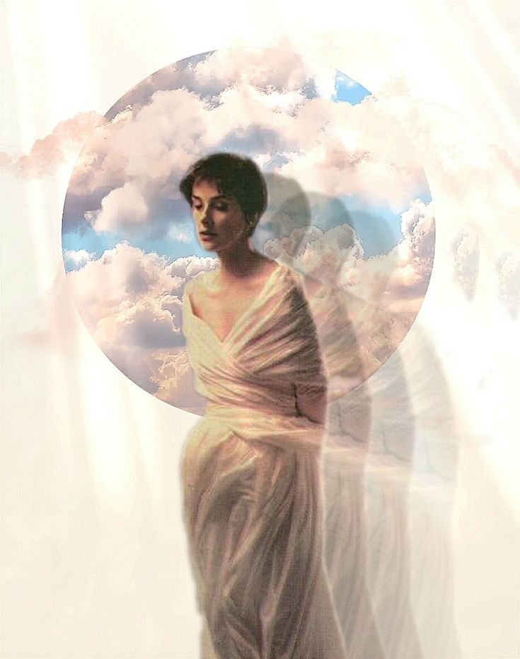 a painting of a woman in white dress with clouds behind her and the sky above her