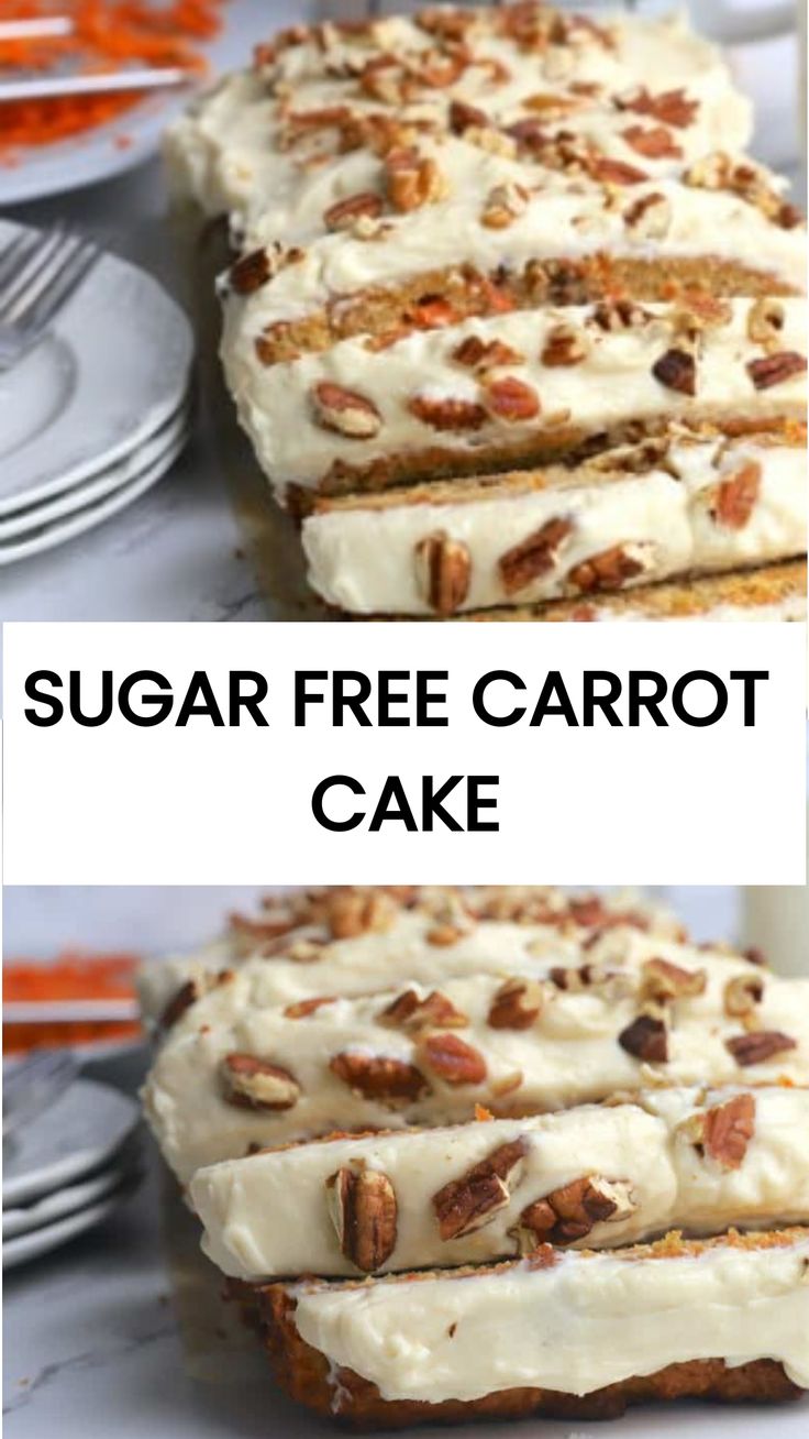 two pictures of carrot cake with cream cheese frosting and pecans in the background