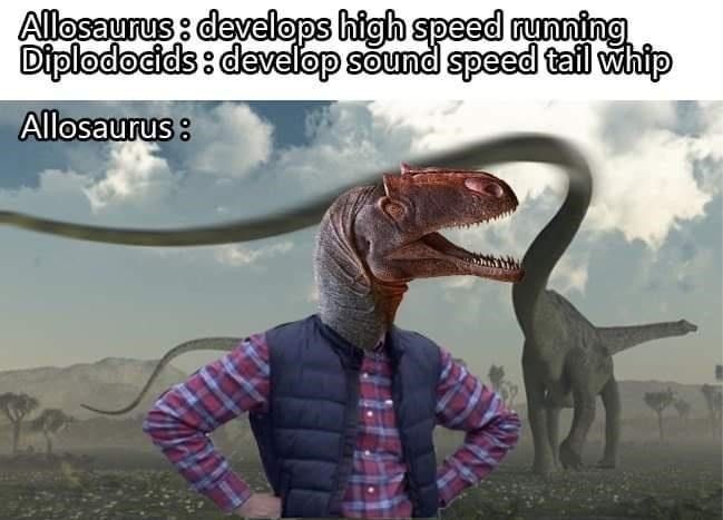 a man standing in front of two dinosaurs with the caption alosaurus develops high speed running