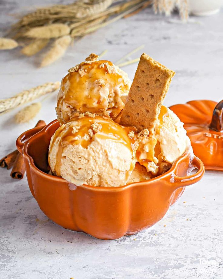 three scoops of ice cream in an orange bowl with graham crackers on top