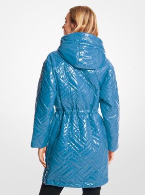 DIAGONAL QUILT LONG PFFR Hooded Nylon Parka For Spring, Quilted Nylon Hooded Outerwear, Hooded Quilted Nylon Outerwear, Nylon Puffer Parka For Fall, Trendy Hooded Nylon Outerwear, Fall Nylon Raincoat For Cold Weather, Nylon Raincoat For Cold Weather In Fall, Quilted Hooded Spring Outerwear, Spring Nylon Puffer Jacket With Long Sleeves