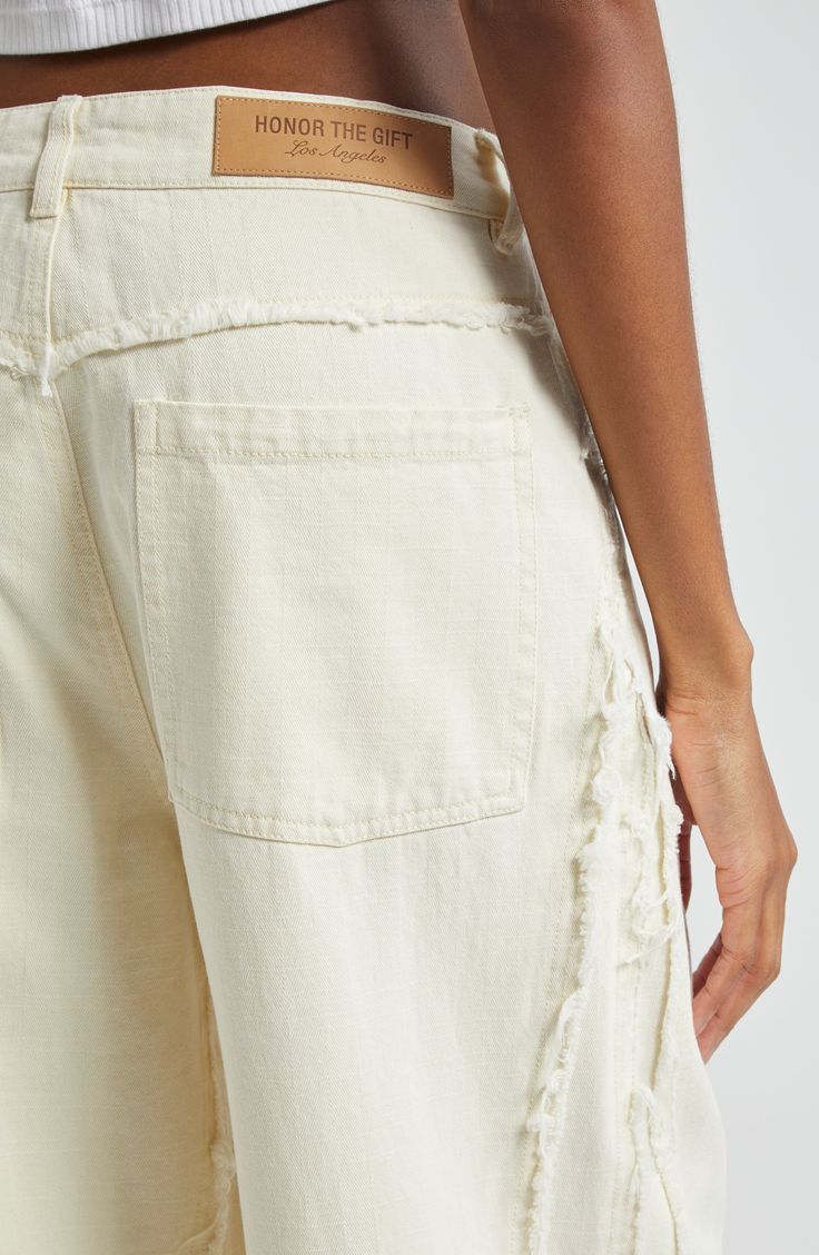 Threadbare seaming details amplify the wide-leg silhouette of five-pocket pants updated in an all-cotton twill woven with subtle herringbone stripes. 32 1/2" inseam; 24" leg opening; 14" front rise; 15 1/2" back rise (size Medium) Zip fly with button closure Five-pocket style 100% cotton Machine wash, tumble dry Imported Summer Wide Leg Pants With Frayed Hem, Relaxed Fit Cotton Wide Leg Pants With Frayed Hem, Cotton Pants With Seam Detailing And Cropped Leg, Cotton Wide Leg Pants With Frayed Hem, Wide Leg Cotton Pants With Frayed Hem, Wide Leg Bottoms With Seam Detailing For Spring, Spring Wide Leg Bottoms With Unfinished Hem, Spring Wide Leg Pants With Seam Detailing, Beige Cropped Leg Wide Pants In Cotton