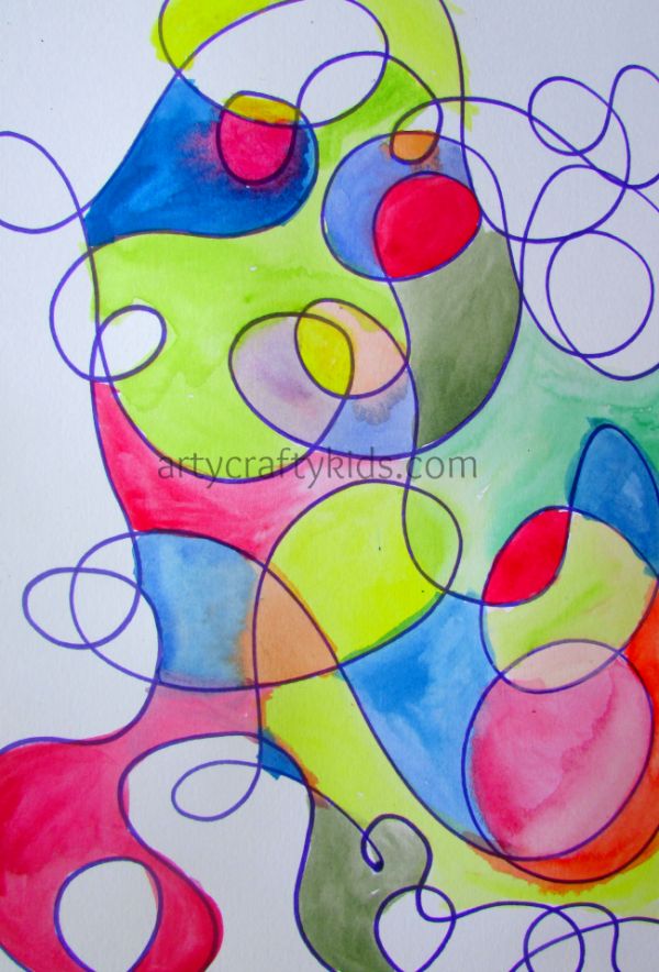 an abstract painting on paper with circles and lines in the center, as if it were made from colored pencils