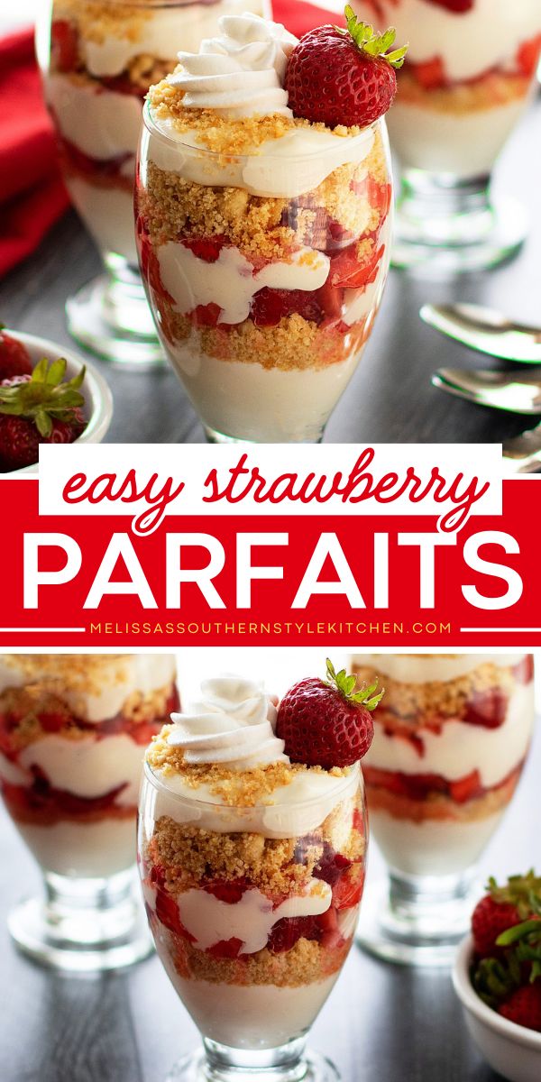 Add these pretty Easy Strawberry Parfaits to your yummy summer desserts or 4th of July dessert ideas! It starts with a no-bake cheesecake cream layered with fresh strawberries and buttered crumbs. Pin this recipe! Strawberry Crunch Parfait, Strawberry Desserts For Two, Parfait For A Crowd, Strawberry Desserts No Bake, Yummy Summer Desserts, 4th Of July Dessert Ideas, Strawberry Parfaits, Summer Party Desserts, Strawberry Cheesecake Parfaits