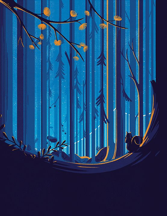 an image of a forest scene with trees and animals in the background at night time