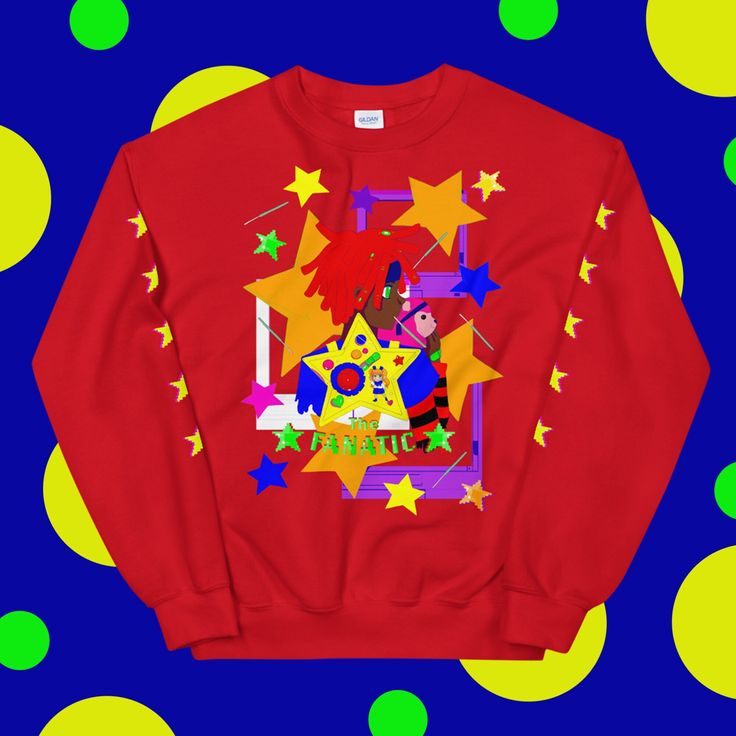 Are you an anime fanatic? Show it off with this colorful, kidcore inspired sweater!  * 50% cotton, 50% polyester * Pre-shrunk * Classic fit Trendy Fall Anime Print Sweatshirt, Trendy Anime Print Sweatshirt For Fall, Red Cartoon Print Sweatshirt For Fall, Playful Crew Neck Sweatshirt With Character Print, Playful Fall Streetwear Tops, Playful Red Cotton Sweatshirt, Playful Cotton Sweatshirt With Graphic Print, Pop Culture Cartoon Print Sweatshirt For Winter, Winter Pop Culture Sweatshirt With Cartoon Print