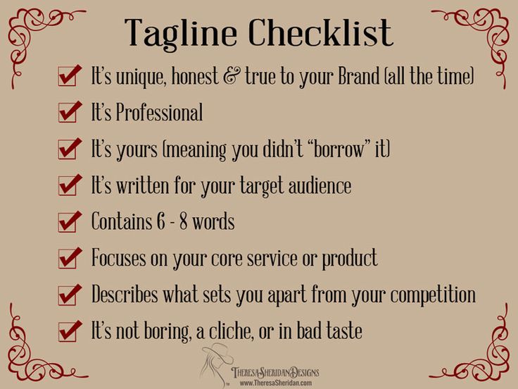 a sign that says tagline checklist it's unique, honest & true to your brand all the time