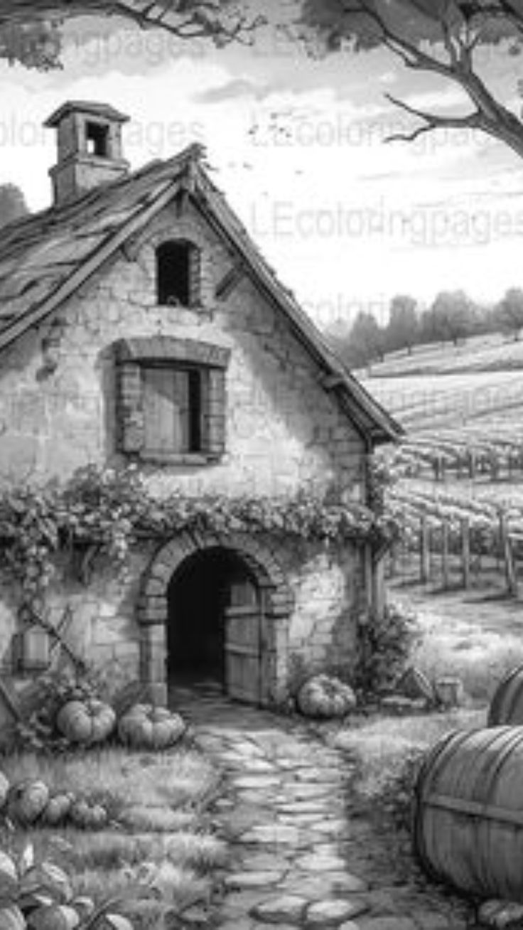 a black and white drawing of a house with barrels in the yard next to it