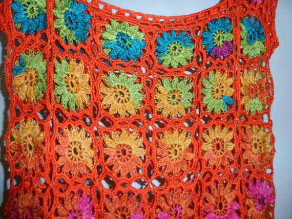 Crochet granny square orange tangerine multicolour flowers gipsy hippie boho beach festival summer t Multicolor Crochet Top For Spring Beach Cover-up, Colorful Hippie Tops For Spring, Multicolor Hippie Tops For Festivals, Summer Hippie Crochet Top With Granny Square, Hippie Granny Square Crochet Top For Summer, Bohemian Multicolor Crochet Beach Top, Multicolor Bohemian Crochet Top For Vacation, Multicolor Bohemian Crochet Top For Beach, Handmade Crochet Top For Spring Beach Cover-up