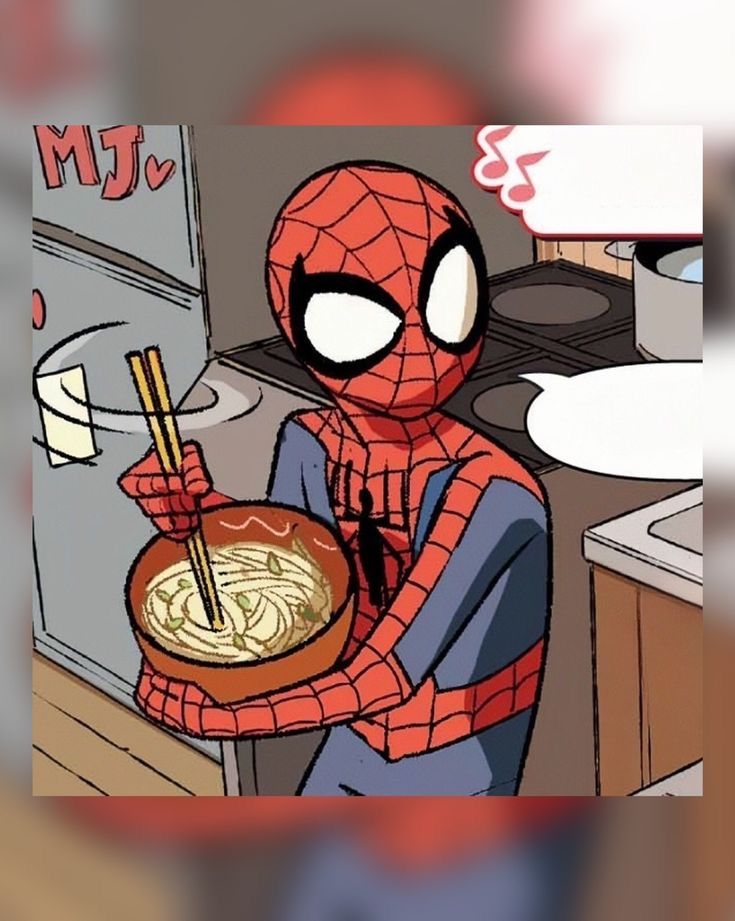 spider - man holding a bowl of noodles with chopsticks in front of him