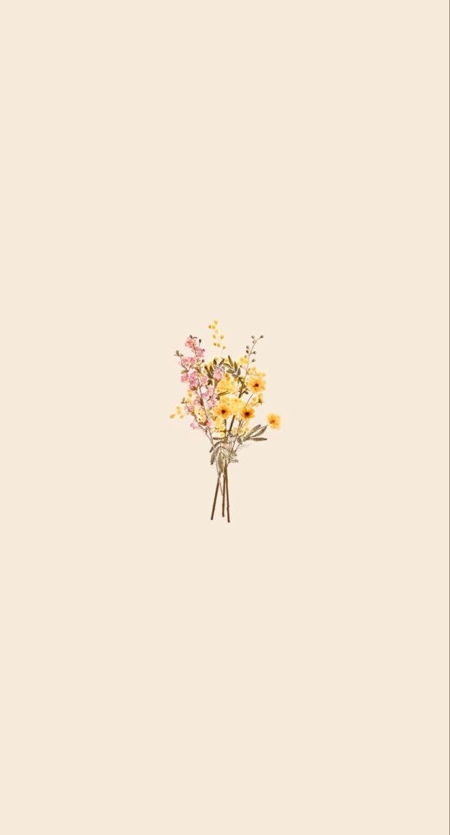 a bouquet of yellow and pink flowers on a beige background