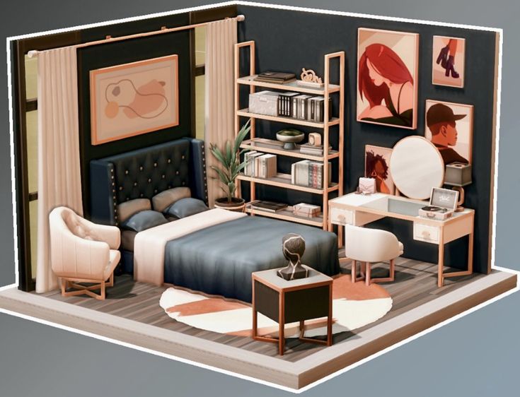 a model of a bedroom with furniture and pictures on the wall