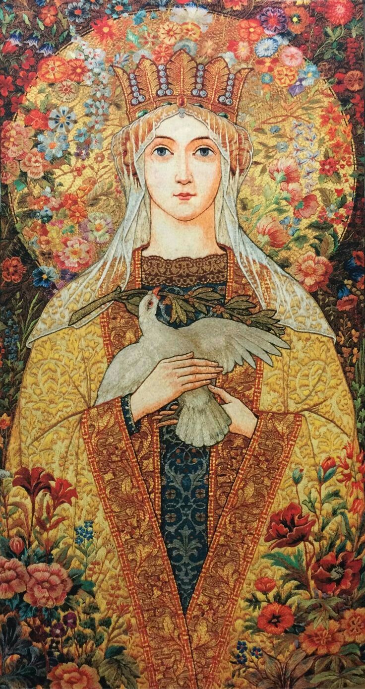 an image of a woman holding a bird in her hands and flowers around her neck