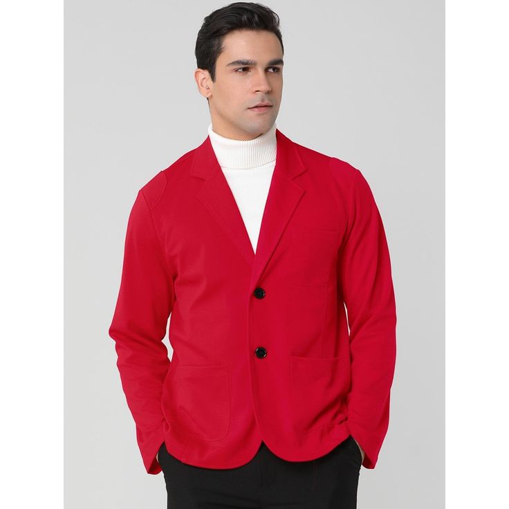 The classic blazer is designed with a notch lapel and single-breasted buttons. Tailored for a slim fit, this piece has been left unlined to enhance its casual feel. The two front pockets increase the practicality of the suit jacket and can hold your small items. Wear it with the modern tailoring pants on the weekend to complete your look. Red Blazer For Office Wear In Fall, Red Fall Office Wear Blazer, Red Button-up Formal Blazer, Red Button-up Blazer For Formal Occasions, Red Semi-formal Blazer With Double Button Closure, Red Double Button Blazer For Semi-formal Occasions, Red Notch Lapel Blazer With Hidden Button Closure, Red Notch Lapel Blazer With Hidden Buttons, Solid Cotton Blazer With Single Button