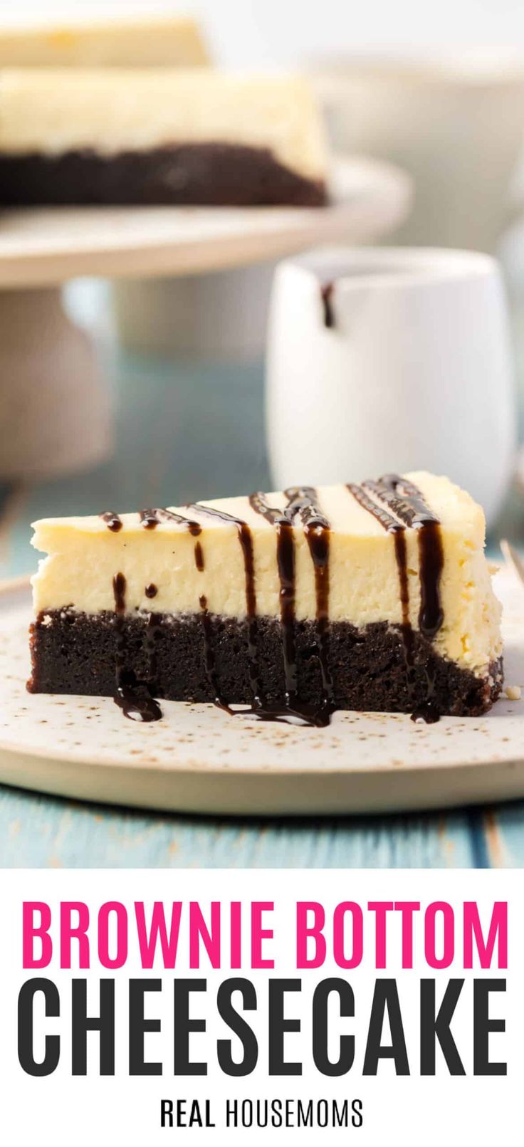 a slice of brownie bottom cheesecake on a plate